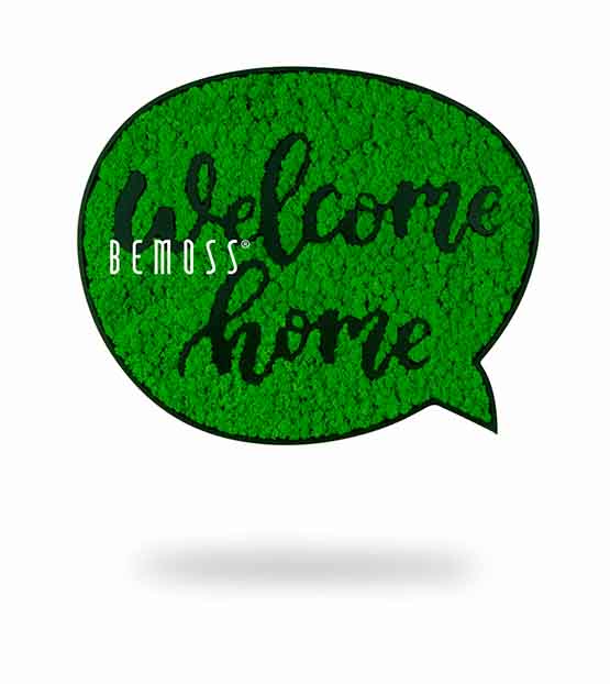 zelená bublina s nápisom welcome home a zelená trávová bublina s nápisom welcome home machovy obraz, stabilizovany mach, machová stena, machová dekorácia