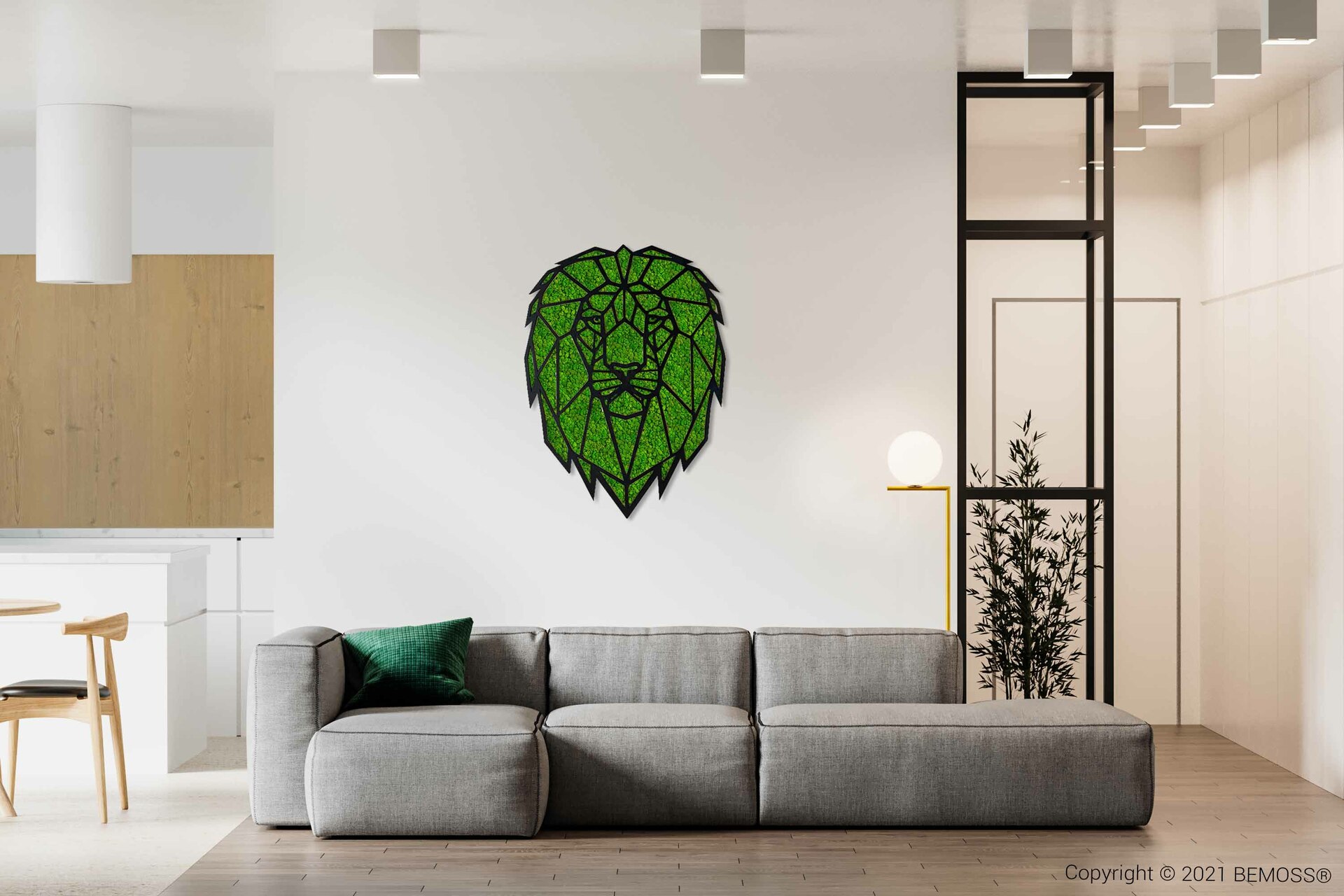obývačka s gaučom a v nej stolík so zeleným srdcom na stene nad ním machovy obraz, stabilizovany mach, machová stena, machová dekorácia