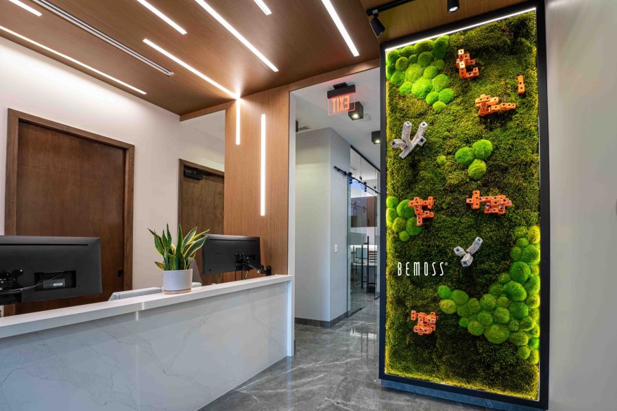 machom pokrytá stena vo vstupnej hale s recepciou a televízorom na stene a rastlinou v strede, environmentálne umenie , machovy obraz, stabilizovany mach, machová stena, machová dekorácia