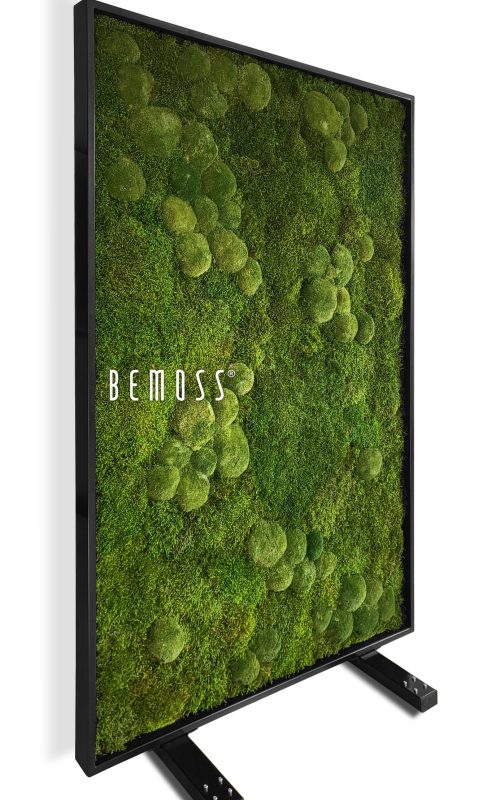 televízna obrazovka s machom rastúcim na jej boku a nápisom be moss na obrazovke nad ňou, environmentálne umenie , machovy obraz, stabilizovany mach, machová stena, machová dekorácia